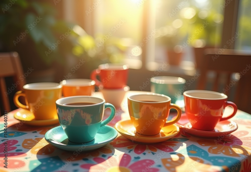 Fototapeta premium colorful coffee cups vibrant patterned tablecloth radiating cheerfulness warmth, mug, beverage, drink, ceramic, tableware, design, morning, texture, floral