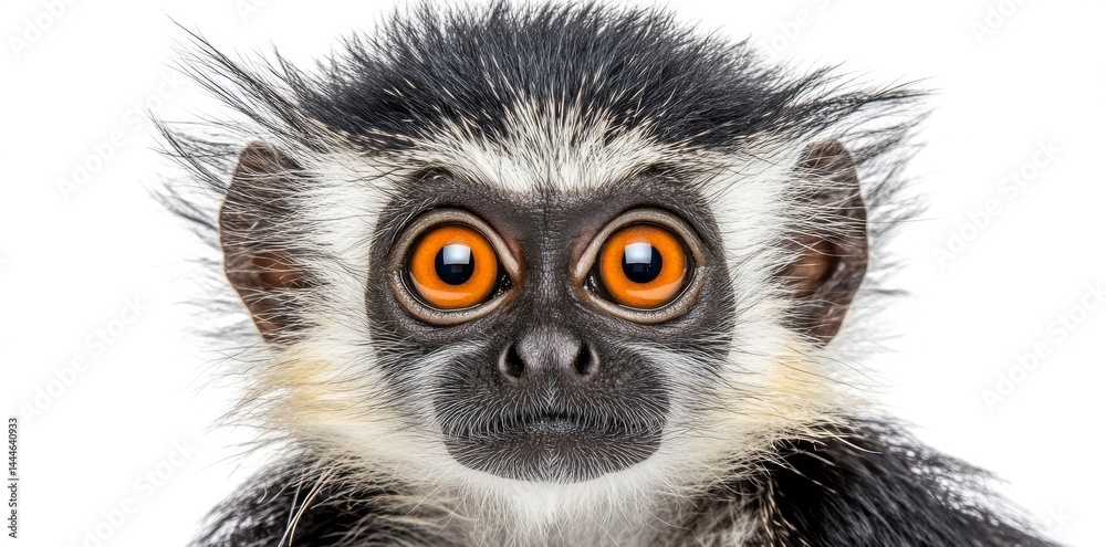 Obraz premium A curious black monkey with vibrant orange eyes gazes directly into the camera set against a light-colored backdrop as snowflakes gently fall around it