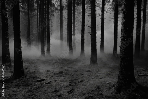 Fototapeta Naklejka Na Ścianę i Meble -  Dense, misty forest in grayscale  Tall, dark trees stand rigidly in a thick fog  Ground is shadowy and indistinct