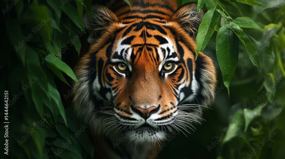Majestic tiger observing its surroundings in lush green foliage during the daylight Majestic tiger observing its surroundings in lush green foliage during the daylight