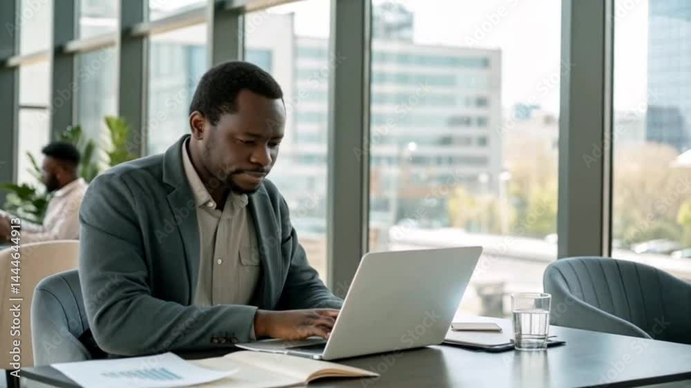 African man working in office using laptop, preparing report, review data or information, revising marketing plans or strategy looks focused and productive. Workflow, modern wireless technology usage African man working in office using laptop, preparing report, review data or information, revising marketing plans or strategy looks focused and productive. Workflow, modern wireless technology usage