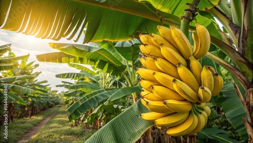 Bright Yellow Bananas on Lush Leaves – Tropical Fresh Harvest