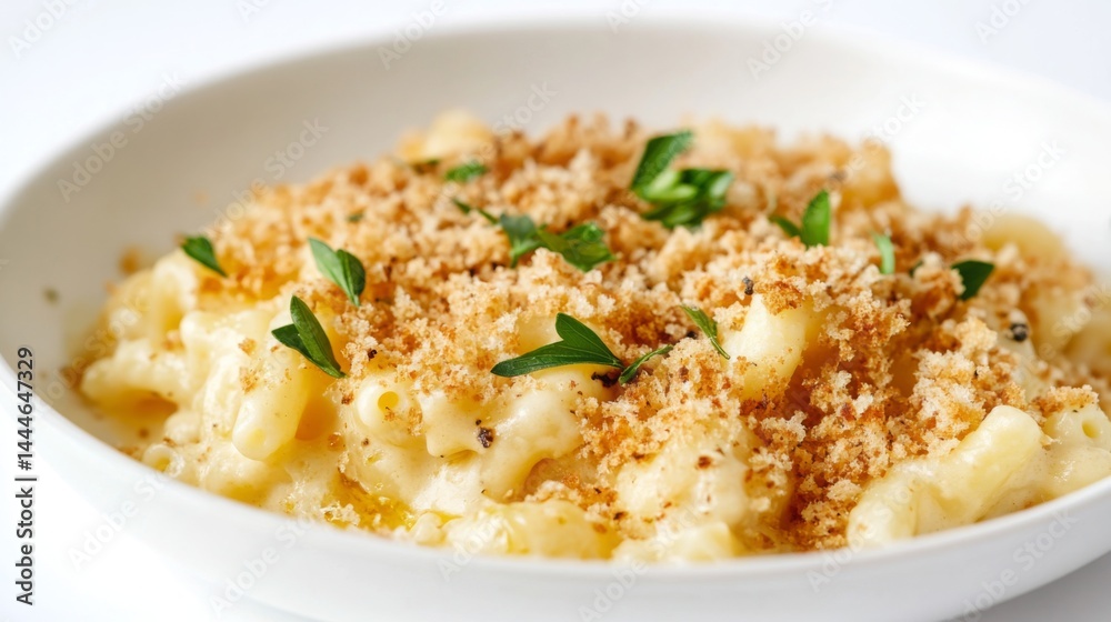 Creamy macaroni and cheese topped with crispy breadcrumbs and fresh herbs at a cozy dining setting Creamy macaroni and cheese topped with crispy breadcrumbs and fresh herbs at a cozy dining setting