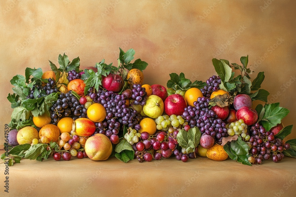 Abundant display of colorful seasonal fruits, arranged in a still life Various types, including apples, oranges, grapes, peaches, plums, and more, are nestled together, with fresh foliage Abundant display of colorful seasonal fruits, arranged in a still life Various types, including apples, oranges, grapes, peaches, plums, and more, are nestled together, with fresh foliage