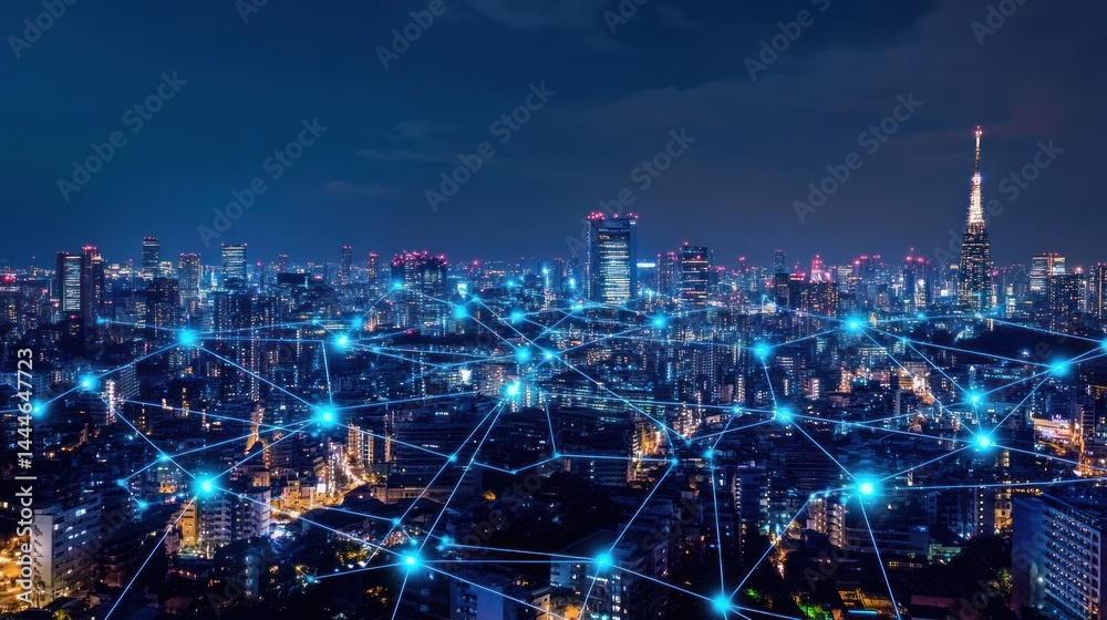 Fototapeta premium Night cityscape connected by a network of glowing lines