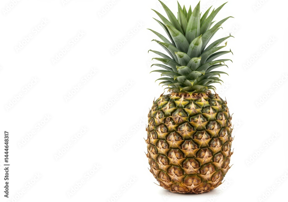 A single pineapple with green leaves is displayed against a plain white background in a studio shot A single pineapple with green leaves is displayed against a plain white background in a studio shot