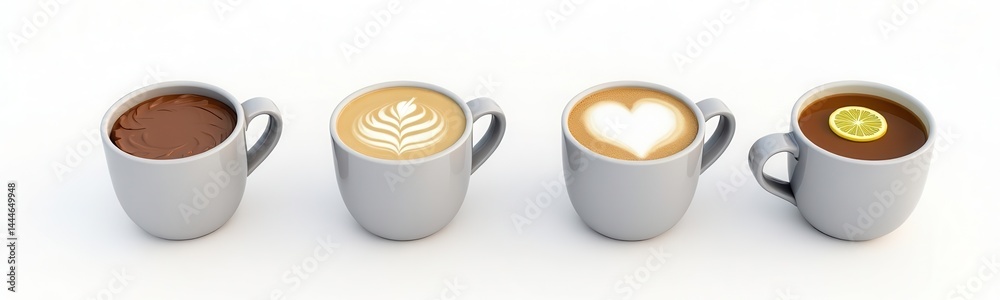 Four Cups of Hot Beverages Latte Art Chocolate Tea and Coffee Four Cups of Hot Beverages Latte Art Chocolate Tea and Coffee