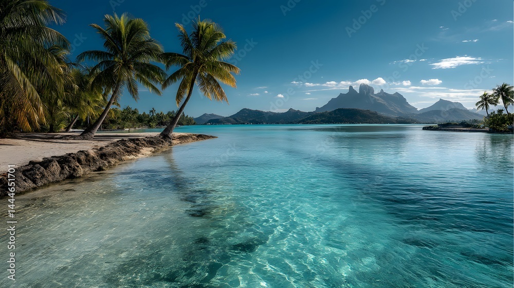 Fototapeta premium Vibrant, serene island lagoon with shimmering waters, lush palms, and majestic distant mountains.