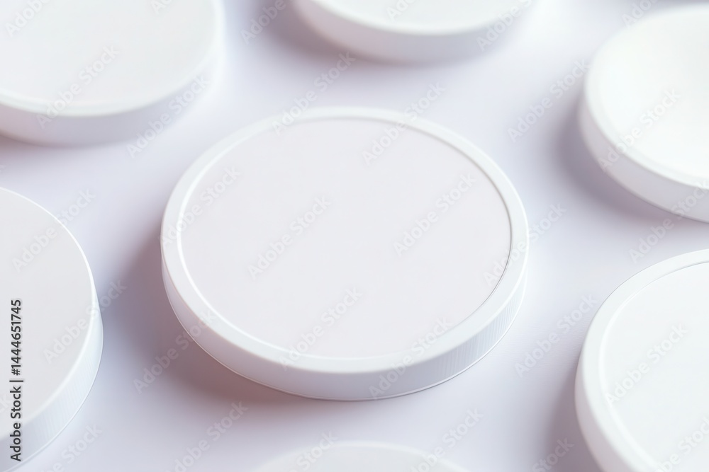 Circular white coasters arranged neatly on a light background, ideal for product display Circular white coasters arranged neatly on a light background, ideal for product display