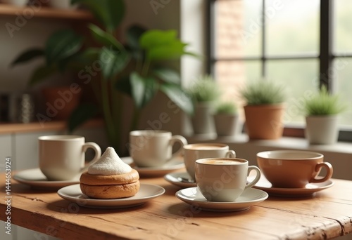 Wallpaper Mural stylish coffee cups setup wooden table modern design cozy interior, mug, sleek, beverage, morning, espresso, drinks, trendy, ceramic, colorful, hot, style Torontodigital.ca