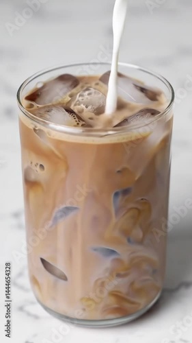 Pouring Milk Creating Swirls in Iced Coffee Glass with Ice