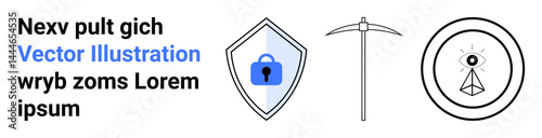 Shield with lock for security, pickaxe for mining, pyramid with eye for mysticism. Ideal for cybersecurity, exploration, mining, occult themes, blockchain, technology mysticism flat landing page