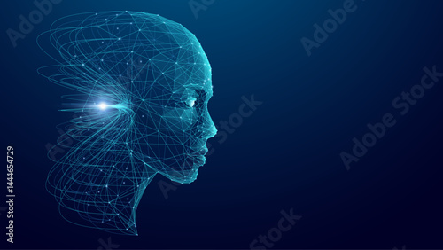 Digital human face visualized through network lines, representing AI and big data integration. Modern technology background highlights the flow of smart information. Tech blue bg. Vector illustration.