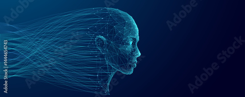 Futuristic human face in digital style with big data streams flowing through it. Concept of AI, analytics, and advanced technology shaping the future of intelligence. Vector tech blue backgroud.