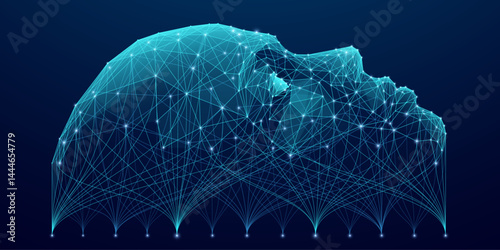 Digital human face made of lines and nodes. Big data flows across the AI head, symbolizing modern technology, neural processing, and intelligent data communication. Tech background vector illustration