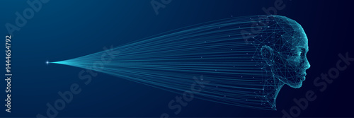 Digital human face created from connected lines and points, visualizing AI and big data flow. Futuristic technology design showing intelligence transfer in a digital network space.