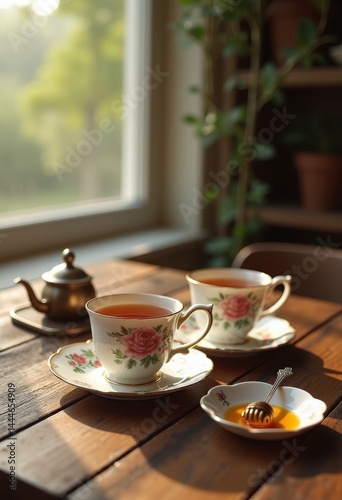 Wallpaper Mural stylish paired tea cups rustic wooden table delicate design tea accessories, ceramic, porcelain, teapot, saucer, beverage, drink, furniture, accessory Torontodigital.ca