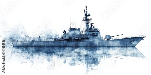 An intricate drawing of a battleship is set against the serene backdrop of a calm body of water at twilight