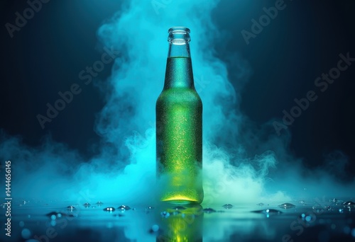 translucent beverage bottle suspended over glowing reflective surface illuminating liquid color, container, transparent, light, reflection, shine, design