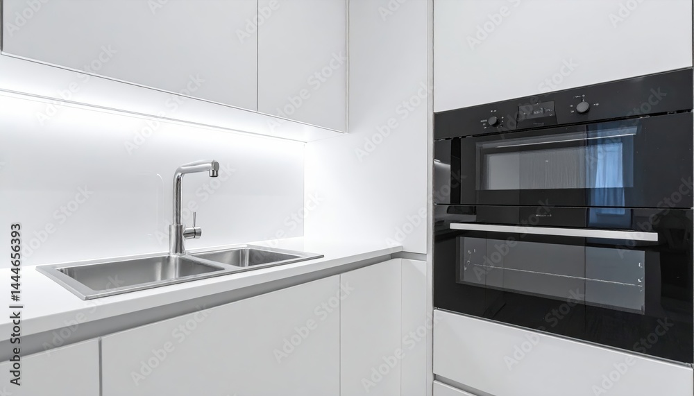 Fototapeta premium A modern kitchen featuring sleek white cabinets, contrasting black appliances, and a stylish backsplash, creating a chic and inviting culinary space.