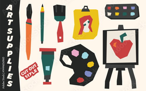 Art supplies vector illustration in colorful cut-out style featuring brushes, easel, palette, scissors, and paint tube for prints, stickers, posters, educational materials, and social media content.