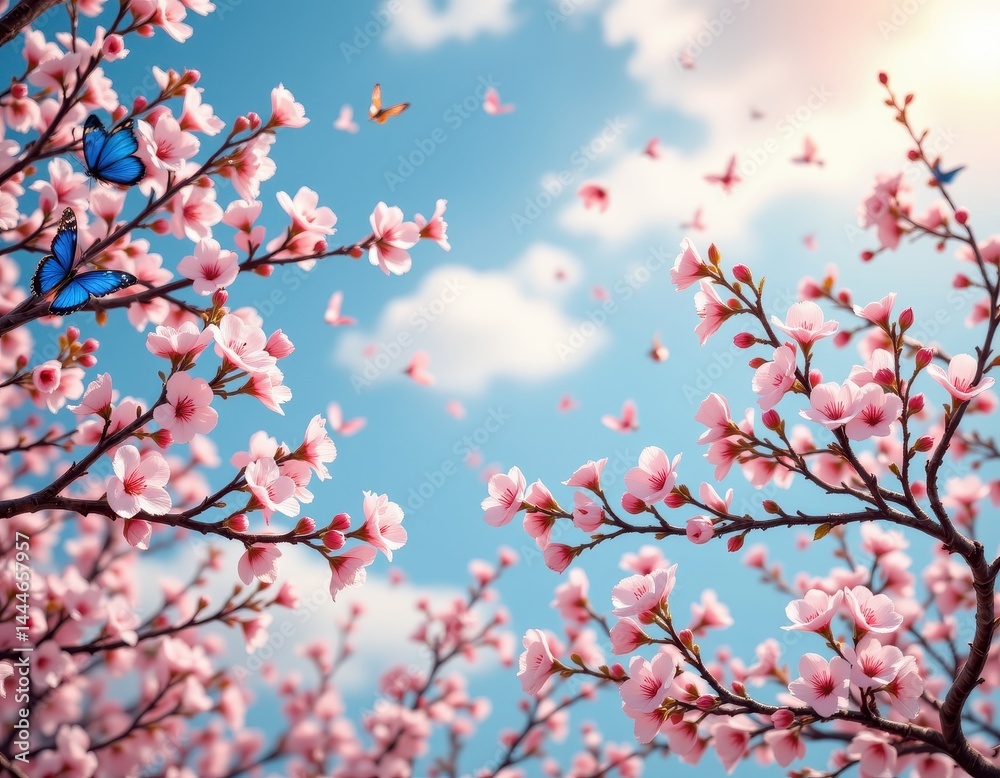 blossoming cherry branches and fluttering butterflies under a soft blue sky, dreamy romantic spring panorama. blossoming cherry branches and fluttering butterflies under a soft blue sky, dreamy romantic spring panorama.