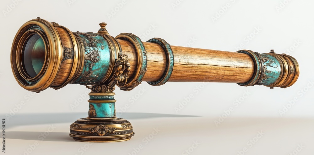On its tripod, a classic spyglass is mounted and ready for use against a light-hued background On its tripod, a classic spyglass is mounted and ready for use against a light-hued background