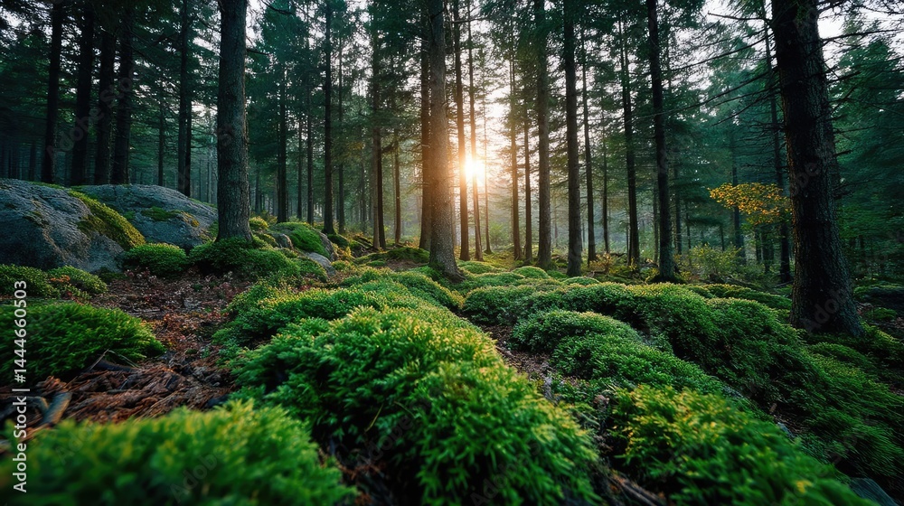 Obraz premium Green moss under forest light with peaceful mood concept. Sunlight filtering through lush green forest with mossy ground.