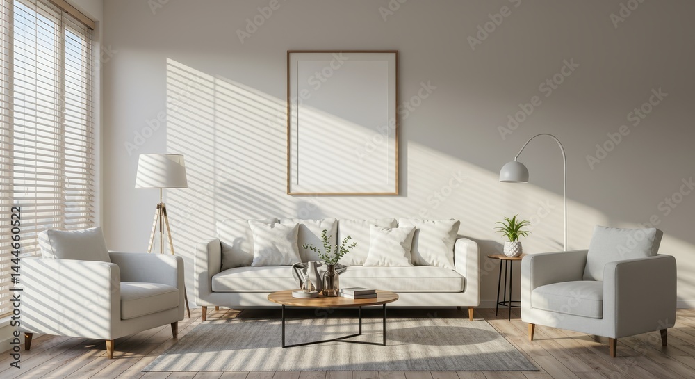 Fototapeta premium Bright living room with white sofa armchairs and sunlight through blinds with a framed picture above