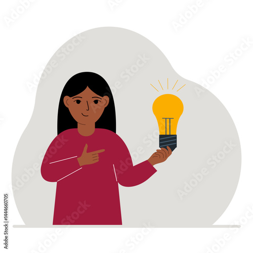 A little girl is holding a light bulb in his hand. Concept of idea, brainstorming, thinking, solution, eureka, bingo homework or find answer. Vector flat illustration