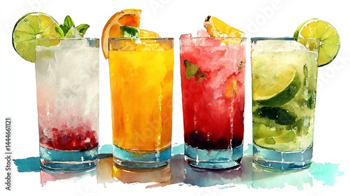 Vibrant watercolor illustration of four tropical cocktails with bright colors, hand-drawn texture, and hyper-detailed effects. Perfect for bar menus, ads, and summer-themed designs