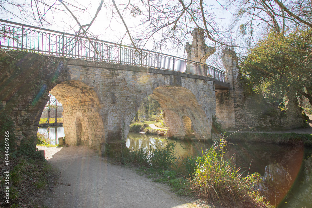 Parc Majolan Blanquefort in french southwest city with ancien stones bridge interior town park lake