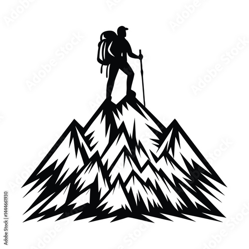 Silhouette Hiker at Mountain Top, Backpack, Cap, Hiking Pole, Adventure, Minimalist Art