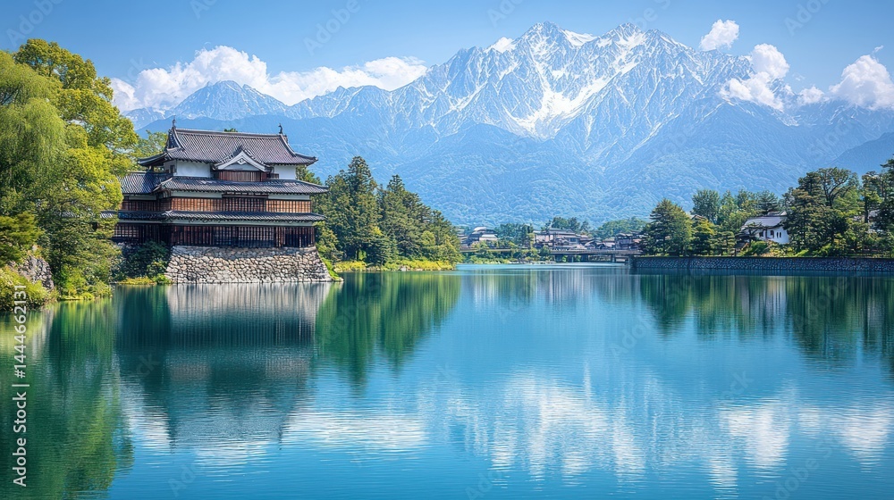 Naklejka premium Serene Japanese Lakeside Palace