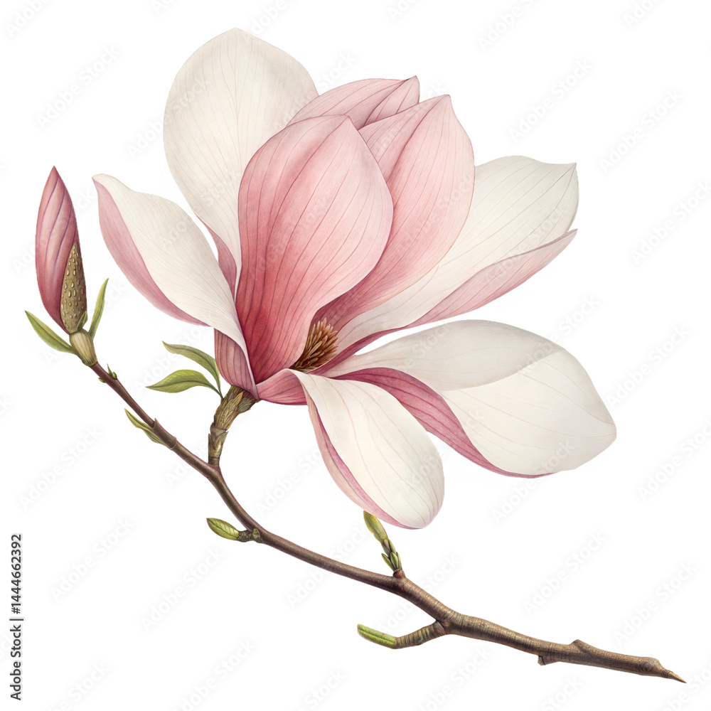 Obraz premium Elegant pink and white magnolia flower vector illustration on branch with buds, perfect for botanical designs, floral wedding invitations, garden prints, or feminine spring decor 