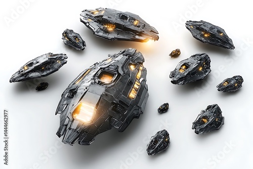 Scattered pieces of alien spacecraft glowing in the dark photo