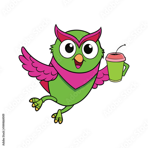 owl mascot flying with a coffee cup