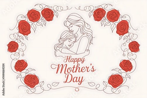 Happy Mothers Day Card Design with Roses and Mother Daughter Embrace