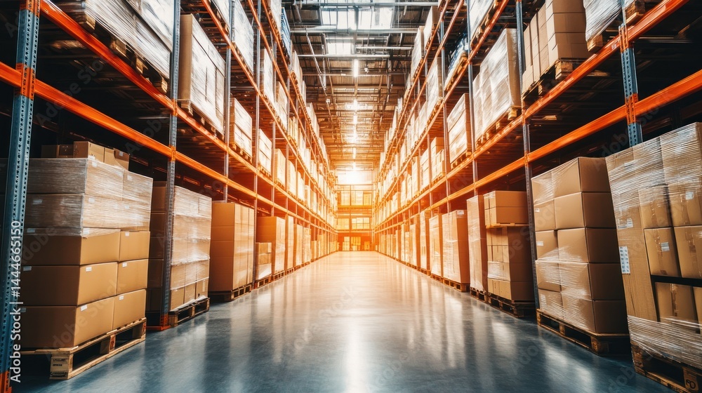 Fototapeta premium Wide warehouse aisle, filled with stacked boxes