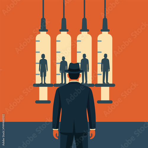 International Anti-Drug Day. Vector illustration of a man in a suit standing in front of large syringes containing drug addicted people silhouettes. In vector flat style