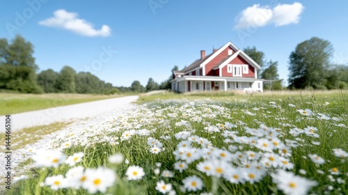 Rustic red house on a sunny meadow photo