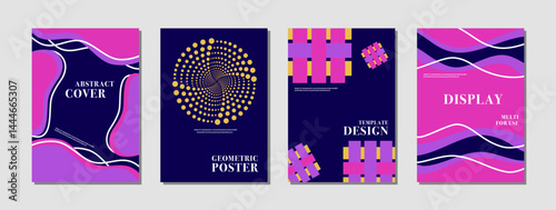 Abstract background template layout design. This is a retro futuristic template design creative vector illustration. navy blue, pink, purple, yellow. For cover, brochure, poster, banner, marketing