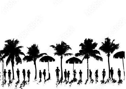 Silhouette of people standing on the beach with coconut trees on transparent background