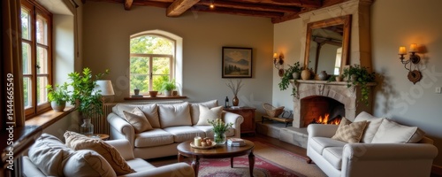 Obraz na płótnie warm rustic lounge near window, beige wall and country house aesthetic. w salonie