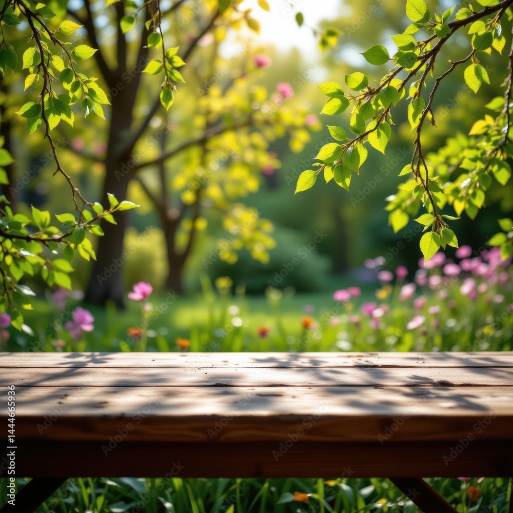 fresh spring scene with green leaves and empty wooden table in nature, bright sunlight and bokeh effects for design use.