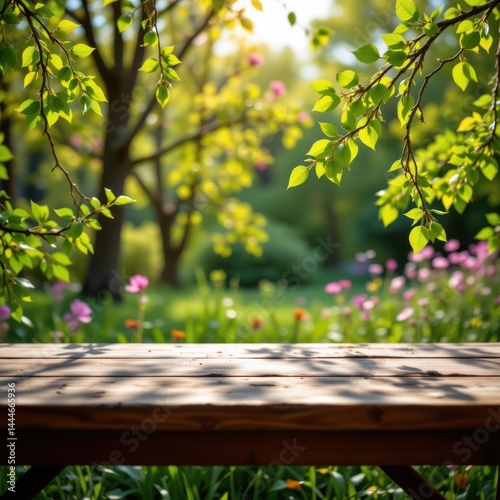 Obraz na płótnie fresh spring scene with green leaves and empty wooden table in nature, bright sunlight and bokeh effects for design use. w salonie