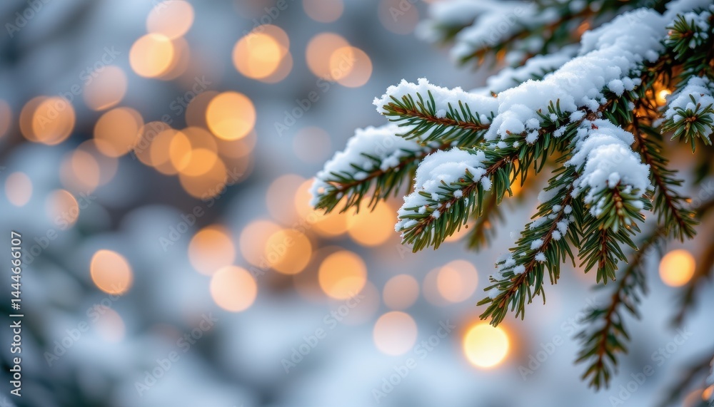 frosted evergreen branches with pure snow and glowing bokeh lights, cozy winter holiday ambiance, room for text.