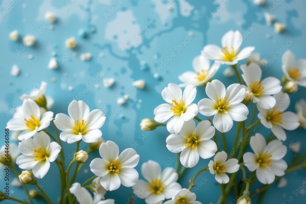spring white primroses blooming on soft blue background, macro view with dreamy floral style.