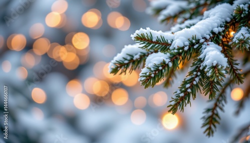 Obraz na płótnie frosted evergreen branches with pure snow and glowing bokeh lights, cozy winter holiday ambiance, room for text. w salonie