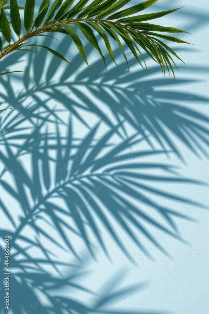 palm leaf shadows softly cast on a light blue wall